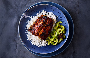 Norwegian cod with steamed rice and pickled cucumber