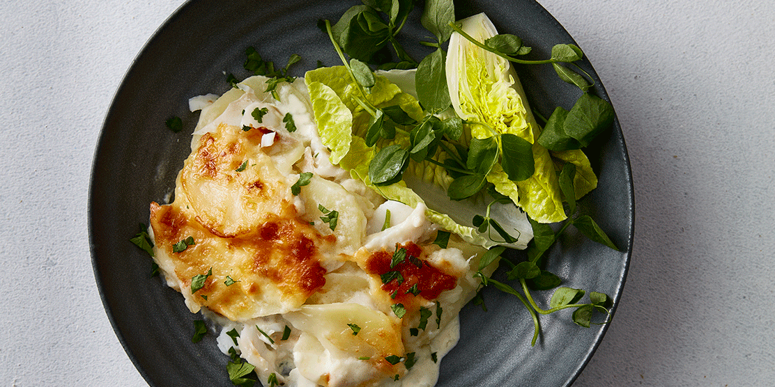 Norwegian haddock mornay potato bake 